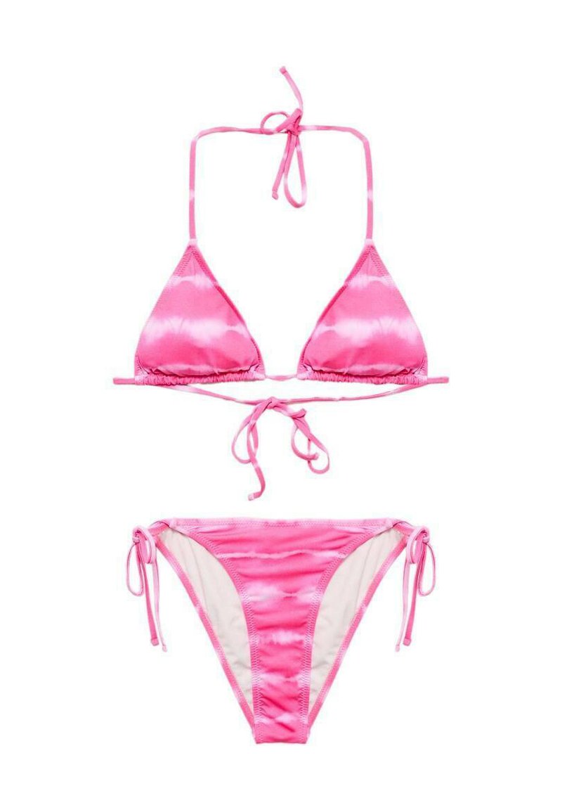 Bikini set v roza tie-dye z trikotnim vrhom in prilagodljivimi zavezavami; gladek material s subtilnim gradientom in stranskimi zavezavami na hlačkah.