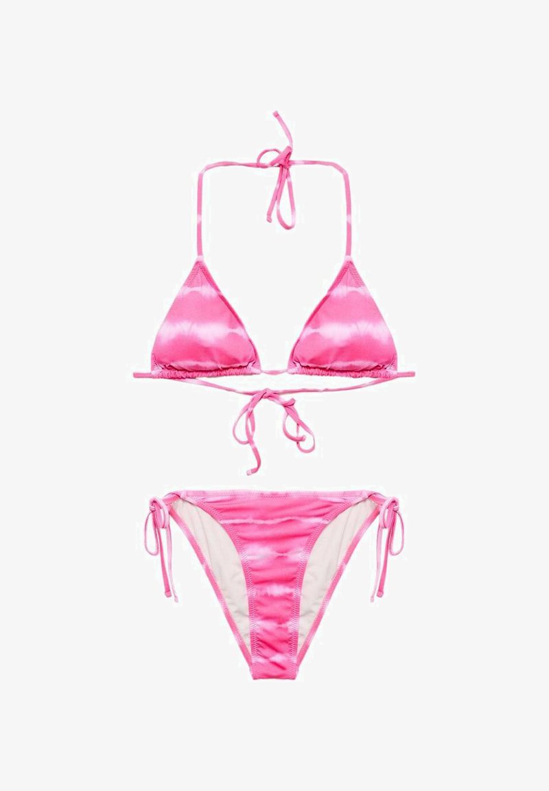 Bikini set u ružičastom tie-dye uzorku s trokutastim topom i podesivim vezicama; glatka tkanina s suptilnim gradientom i bočnim vezicama na donjem dijelu.