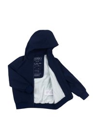 Veste imperméable bleu marine avec une douce doublure en polaire blanche, capuche, poignets élastiques et poches avant. Comprend une étiquette d'entretien à l'intérieur.
