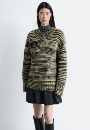 V-NECK - Jumper - black/beige melange