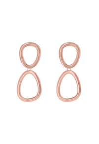 Orecchini in metallo color oro rosa con un design a più livelli caratterizzato da forme ovali e a goccia, superfici lisce e finitura lucida.