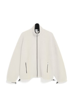 Light gray fleece jacket with a high collar, two front zippered pockets, and adjustable toggles at the hem and cuffs.