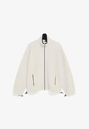 Light gray fleece jacket with a high collar, two front zippered pockets, and adjustable toggles at the hem and cuffs.