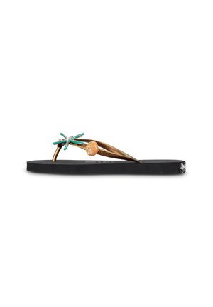Schwarze Flip-Flops mit bronzefarbenen Riemen, dekoriert mit einem türkisfarbenen Seestern und einem goldenen Muschel-Anhänger, in Seitenansicht gezeigt.