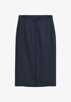 Navy pinstripe pencil skirt with straight cut, front pockets, a waistband, and a smooth texture. No visible fastenings or closures.