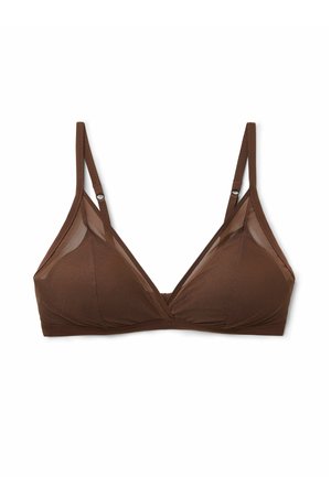 Brun trådløs trekants-bh med justerbare tynde stropper og gennemsigtige mesh-sidet paneler på hvid baggrund.