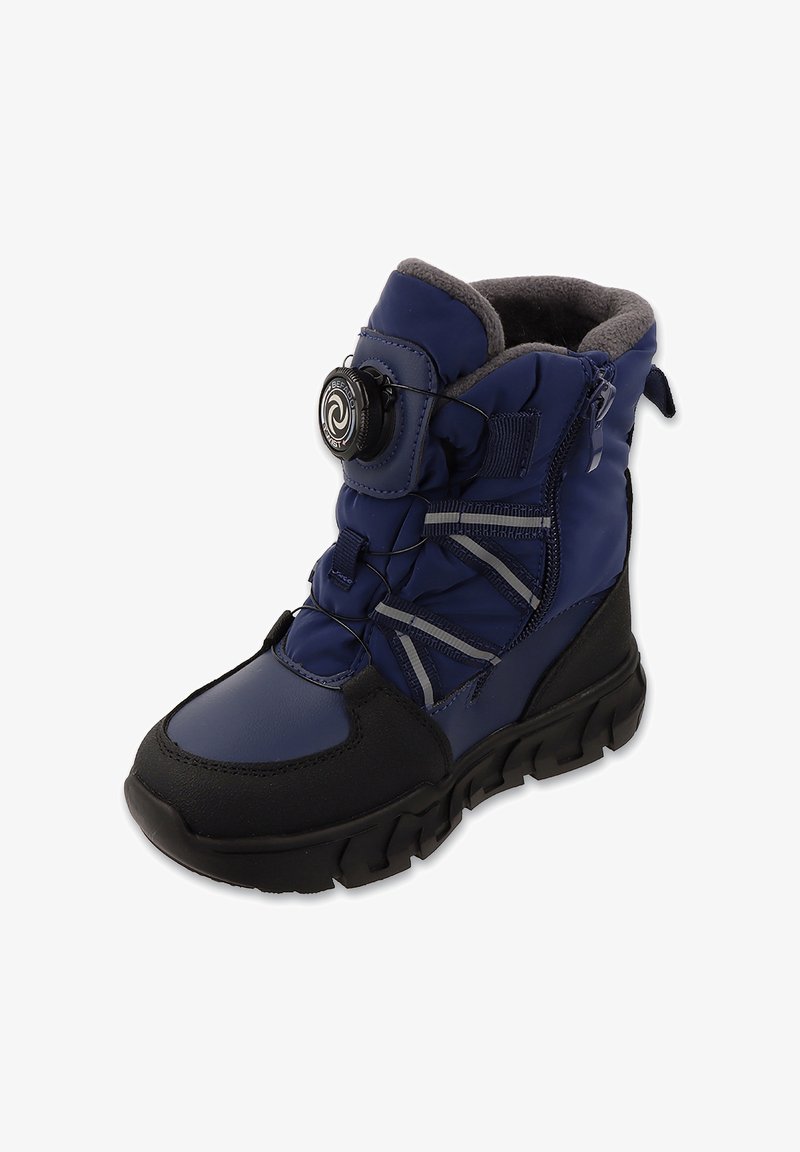 Niebieski wodoodporny zimowy but z czarną gumową podeszwą, teksturowaną powierzchnią, elastycznymi sznurówkami i okrągłym pokrętłem do zaciągania po boku.