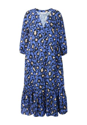 Blaues Tierdruckkleid mit V-Ausschnitt, Dreiviertelärmeln und einem volantsaum. Hergestellt aus leichtem Stoff mit einer strukturierten Oberfläche.