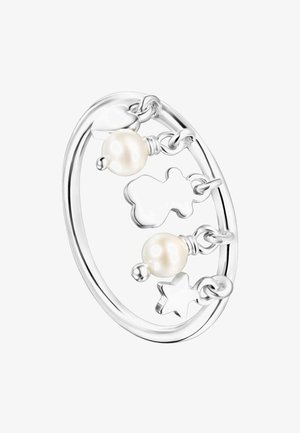 Silver ring with two large pearl beads, a cloud and star charm, and smooth, polished finish. Features a flexible, circular design.