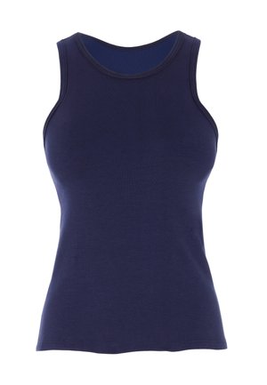 Canotta senza maniche blu navy realizzata in morbido tessuto, con scollatura rotonda e design attillato. Tessuto semplice e uniforme.