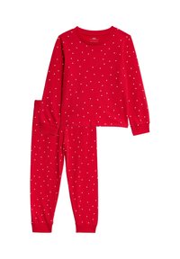 Rød pyjamas sæt lavet af blødt bomuld med lange ærmer og elastiske manchetter, prydet med hvide prikker overalt.
