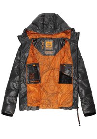 Giacca imbottita con un esterno grigio e un interno arancione. Presenta tasche in rete, un motivo grafico e un cordoncino regolabile all'orlo.