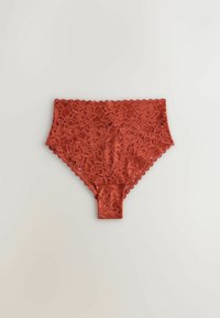 High-waisted women's underwear made of red lace fabric with floral patterns, displayed flat on a light background.