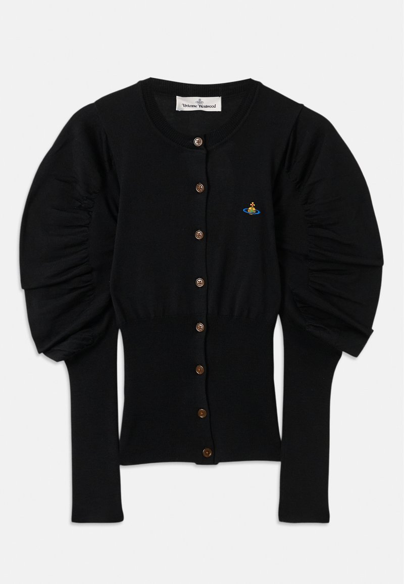 Cardigan nero in maglia con maniche a sbuffo, otto bottoni marroni sul davanti e un piccolo design ricamato colorato vicino al petto.