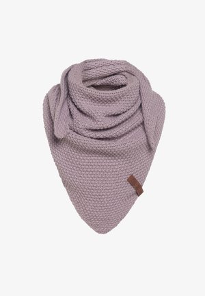 Knitted triangular scarf in soft lavender fabric, featuring a textured pattern and a brown leather tag with branding on the bottom edge.