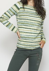 Femme aux longs cheveux foncés portant un pull rayé vert et crème et un pantalon vert foncé avec broderie florale et strass.