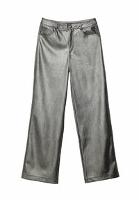Pantalons à larges jambes en simili cuir texturé de couleur argent métallique. Comprend des poches avant et une fermeture à bouton à la taille.