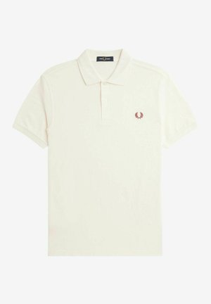 Polo shirt in cotone color off-white con un bottone a tre, maniche corte e un piccolo logo bordato in bordeaux sul lato sinistro del petto.