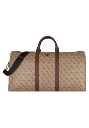 Grand sac de voyage rectangulaire beige avec poignées en cuir marron, deux sangles verticales en cuir et une bandoulière noire réglable.