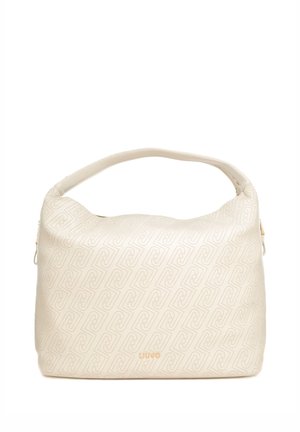 Borsa crema con manico corto, motivo geometrico in rilievo e piccolo logo dorato del brand sul davanti al centro.