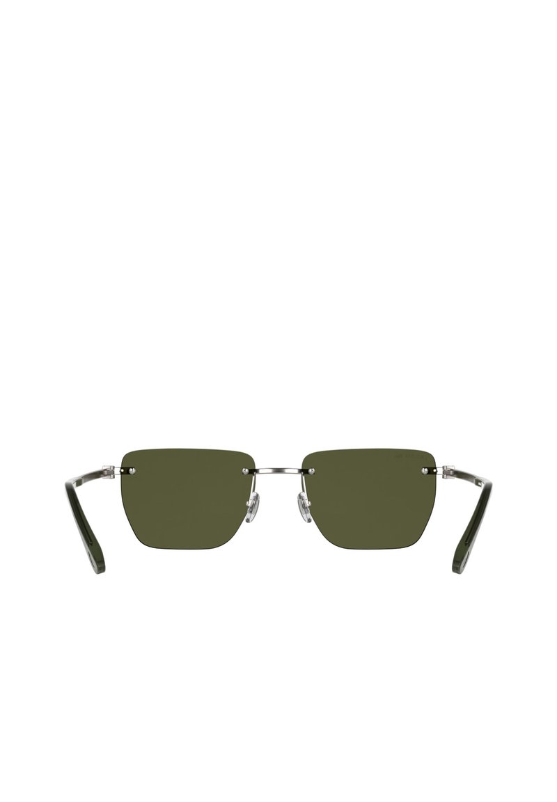 Randlose rechteckige Sonnenbrille mit dunkelgrünen Gläsern und dünnem silbernem Metallsteg und -bügeln.