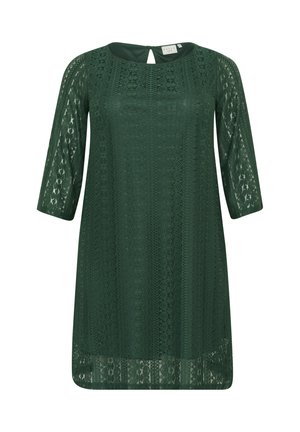 Groene kloostertjurk met een ronde halslijn, driekwartmouwen en een sleutelgaatje aan de achterkant. Intricate patroon en lichte textuur.
