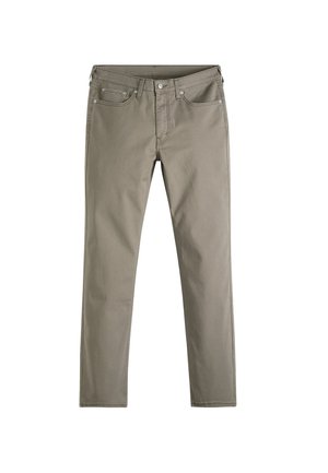 Pantalon en coton kaki avec une coupe droite, cinq poches, passants pour ceinture et détails de couture subtils. Texture lisse et couleur neutre.