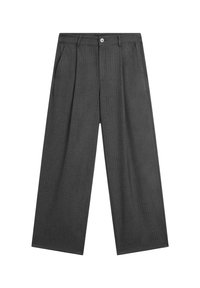 Wide-leg trousers in dark gray fabric with pinstripe pattern, featuring a button closure and two side pockets. Smooth texture.