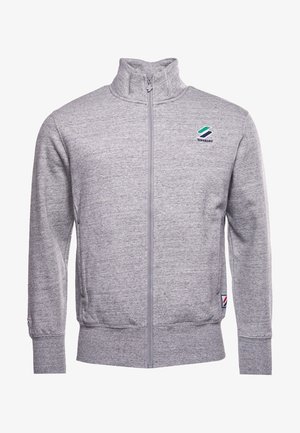Hellgraues Sweatshirt mit Reißverschluss, hohem Kragen, langen Ärmeln und kleinem blau-grünem Superdry-Logo auf der linken Brust.