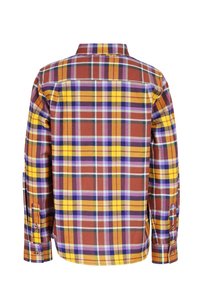 Chemise à manches courtes en tartan marron, jaune, violet et vert. Tissu en coton, col structuré, poignets boutonnés et fentes latérales. Vue arrière.