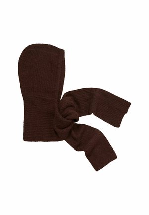 Capuche en tricot brun foncé avec une écharpe attachée, posée à plat sur un fond blanc.