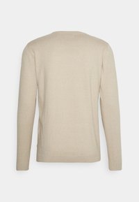 Pull à manches longues beige avec un col rond, des poignets et un ourlet côtelés, confectionné dans une matière douce avec une finition légèrement brillante.