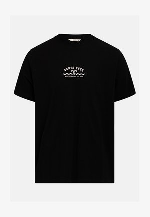 Černé bavlněné tričko s bílou grafikou, na které je nápis "SANTA ŘÍKÁ" s kostkovanými akcenty a ilustrací cukrové hole. Klasický střih.