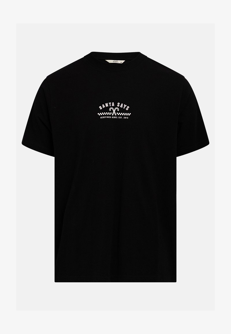 Czarna bawełniana koszulka z białą grafiką, na której widnieje napis "SANTA SAYS" z szachownicowym akcentem oraz ilustracją cukierka. Klasyczny krój.
