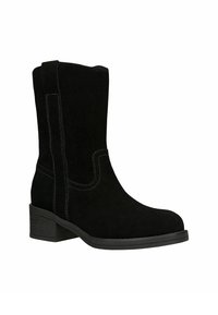 Stivale in suede nero fino al polpaccio con tacco basso a blocco e cuciture visibili lungo i lati e il bordo superiore.