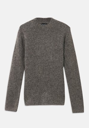 Gray knitted sweater with a rounded neckline, long sleeves, and a textured finish. Features a classic, relaxed fit design.