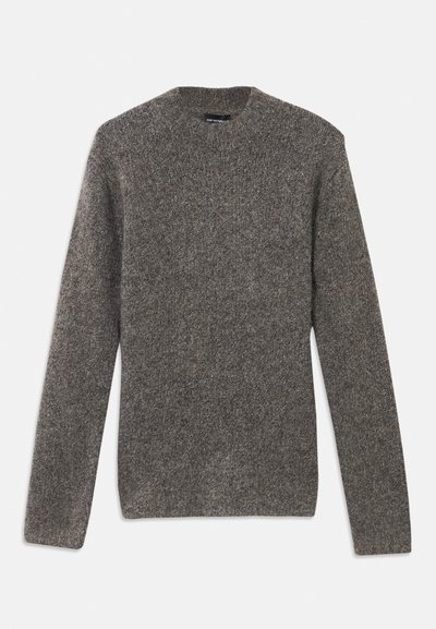 Gray knitted sweater with a rounded neckline, long sleeves, and a textured finish. Features a classic, relaxed fit design.