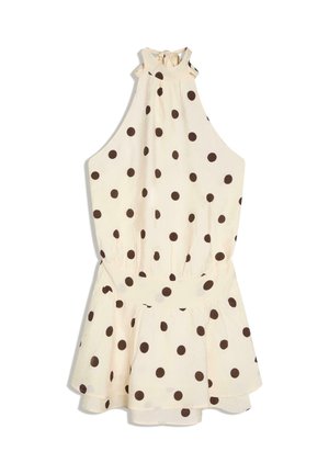 Ærmeløs beige kjole med brune polkaprikker, højt udsnit, nøglehul bagpå, taljeret og med vid nederdel.