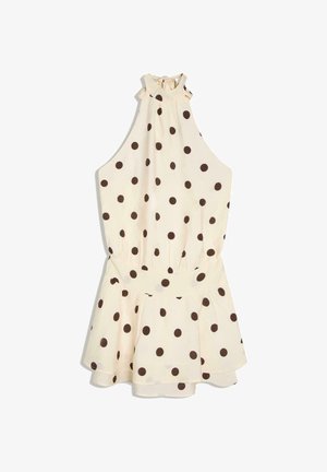 Ærmeløs beige kjole med brune polkaprikker, højt udsnit, nøglehul bagpå, taljeret og med vid nederdel.