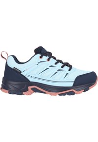 Blauer und marineblauer wasserdichter Wanderschuh mit strukturiertem Obermaterial, schwarzen Akzenten, pinker Außensohle und kontrastierendem Schnürdesign. Gummisohle für Traktion.