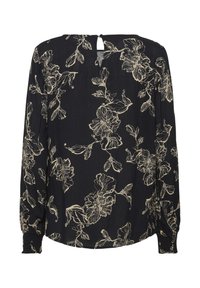 Juoda ilgomis rankovėmis palaidinė su smėlio spalvos gėlių vynuogėmis, su raktų skylutės forma iškirpte gale ir tampriomis manžetėmis.