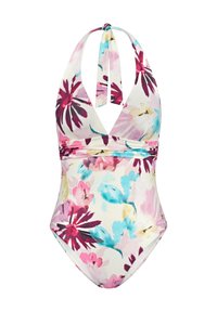 Bañador de una pieza con estampado floral que presenta un cuello halter, un patrón multicolor con acentos en rosa, azul y amarillo, tejido suave y forma ajustada.