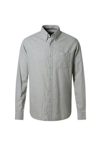 Camicia button-up a maniche lunghe in tessuto grigio chiaro. Caratterizzata da un colletto, una tasca sul petto e chiusura con bottoni standard.