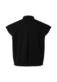 Crna majica kratkih rukava s visokim ovratnikom i elastičnim rubom prikazana straga na bijeloj pozadini.