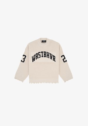 Cream knitted sweater with a ribbed texture, featuring black block letters that say "WRSTBHV," and numbers "23" and "2" on the sleeves.