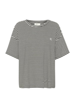 Zwart-wit gestreepte t-shirt met korte mouwen, een ronde hals en een kleine grafische detail op de linkerborst. Van katoen, met een ontspannen pasvorm.