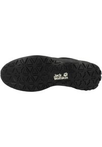 Suola nera con un motivo geometrico di triangoli e esagoni. Presenta il logo "Jack Wolfskin" in bianco sul lato. Realizzata in materiale gommoso resistente.