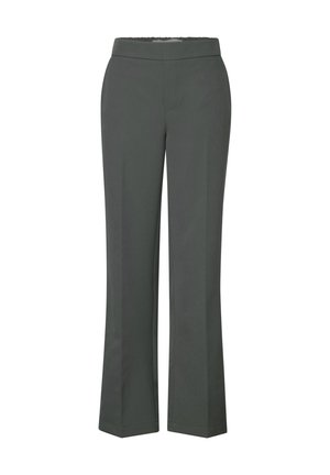 Pantalones ajustados de color gris oscuro con un diseño de pierna acampanada. Están confeccionados con una tela suave, cuentan con una cinturilla plana y no tienen bolsillos visibles.