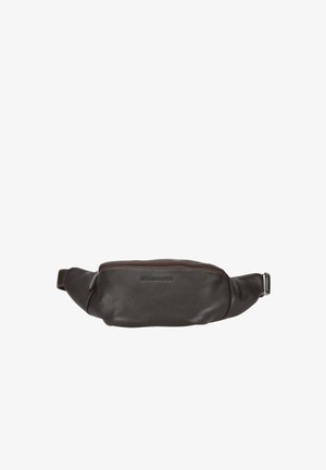 Banane en cuir marron foncé avec fermeture éclair et sangle ajustable, conçue pour un port mains libres.