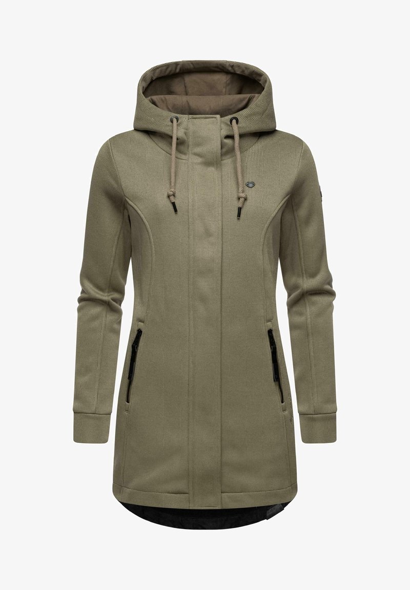 Olíva zöld hosszú kabát texturált anyagból, elülső cipzáras zsebekkel, állítható kapucnival és ellentétes fekete belső béléssel.